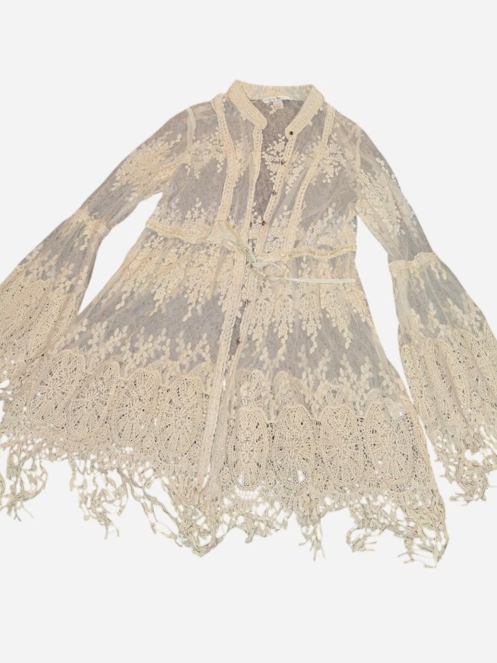 Boston Proper Cream Lace Cardigan Long Fringe Sleeve Outerwear